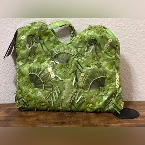 Beaded Brilliant Green Bag w/ Detailed Lace Pattern